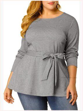 Plus Size Peplum Tunic Tie Waist Houndstooth Blouse Work Office Long Sleeve